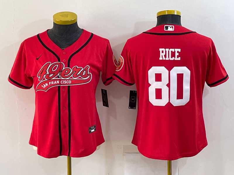Womens San Francisco 49ers #80 Jerry Rice Red With Patch Cool Base Stitched Baseball Jersey